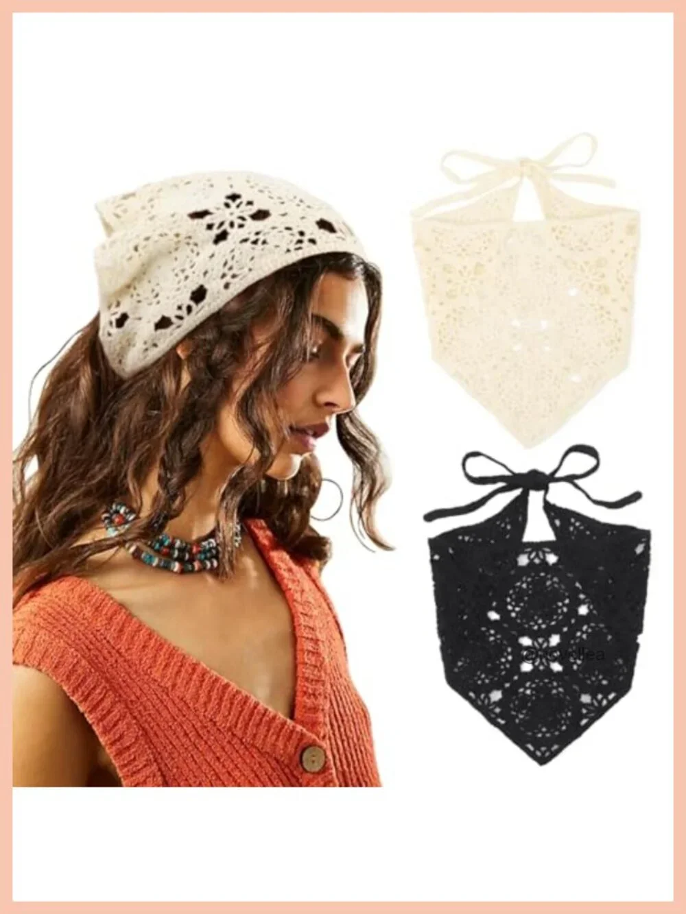 Floral Crochet Hair Bandana Tie Knotted Headscarf Vintage Headband Knitted Head